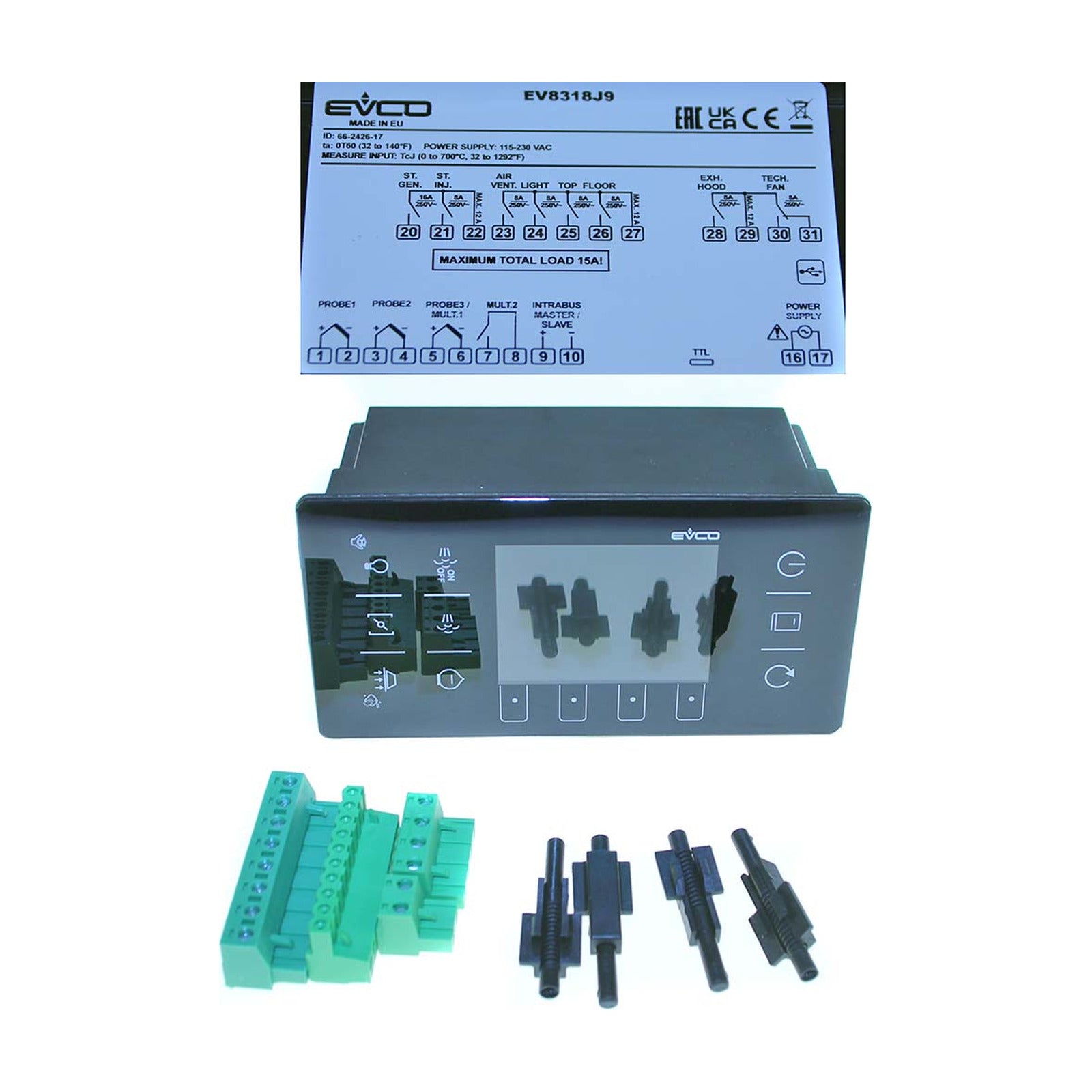 Controllore Elettronico Evco Tipo Ev8318J9 Dim Lxb Mm 76X148 Profon.Mm 77 Volt 115/230Vac Tipo Di Sonda Tcj/K/Pt100 Uscite Rele' N° 8 Uscita Rele' 1 - 4KP-R-COT-00169