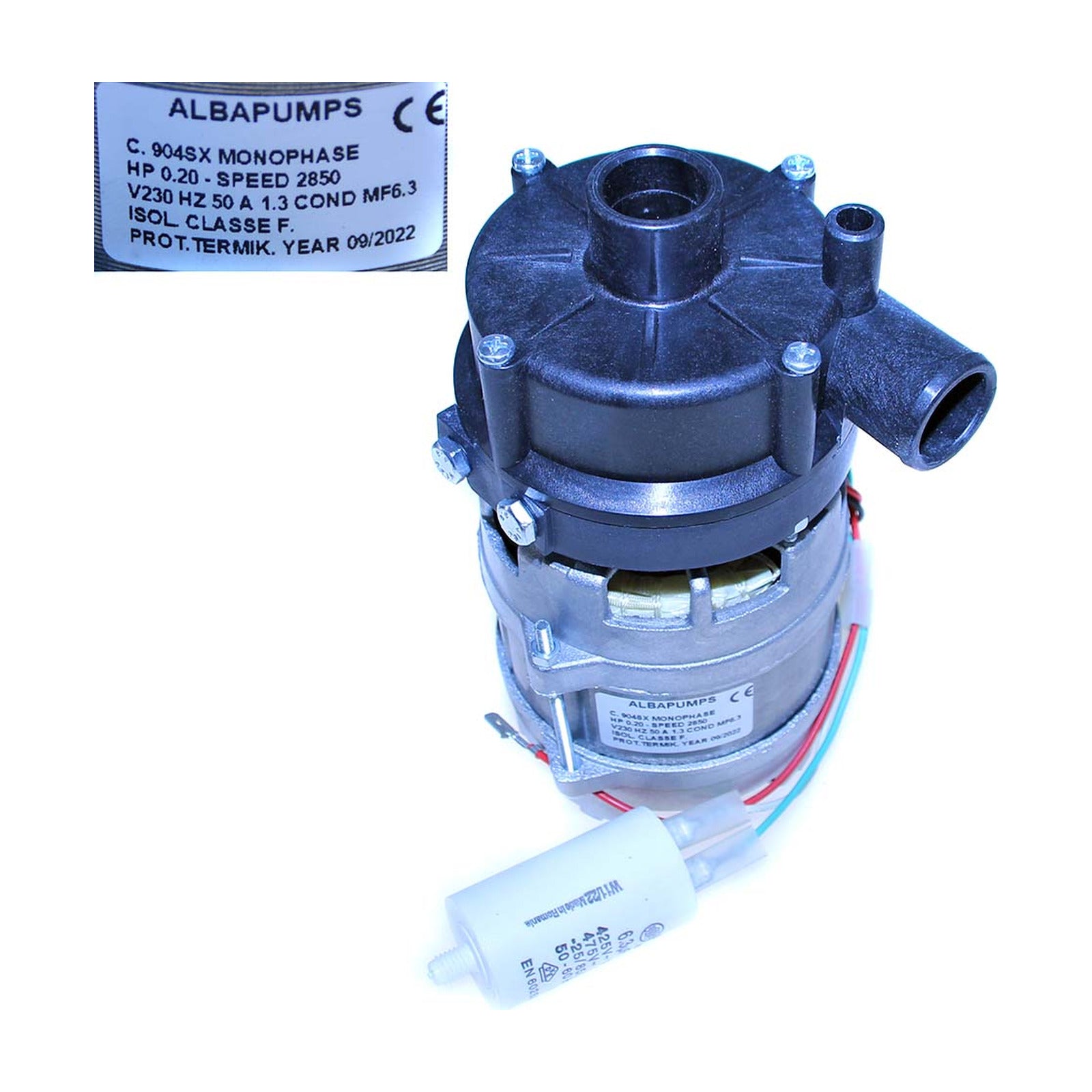 Elettropompa Lavaggio Ø Aspir.mm 28 Ø Mand.mm 28 Tipo AP904SX Volt 230 HP 0.2 Cond. µ 6.3