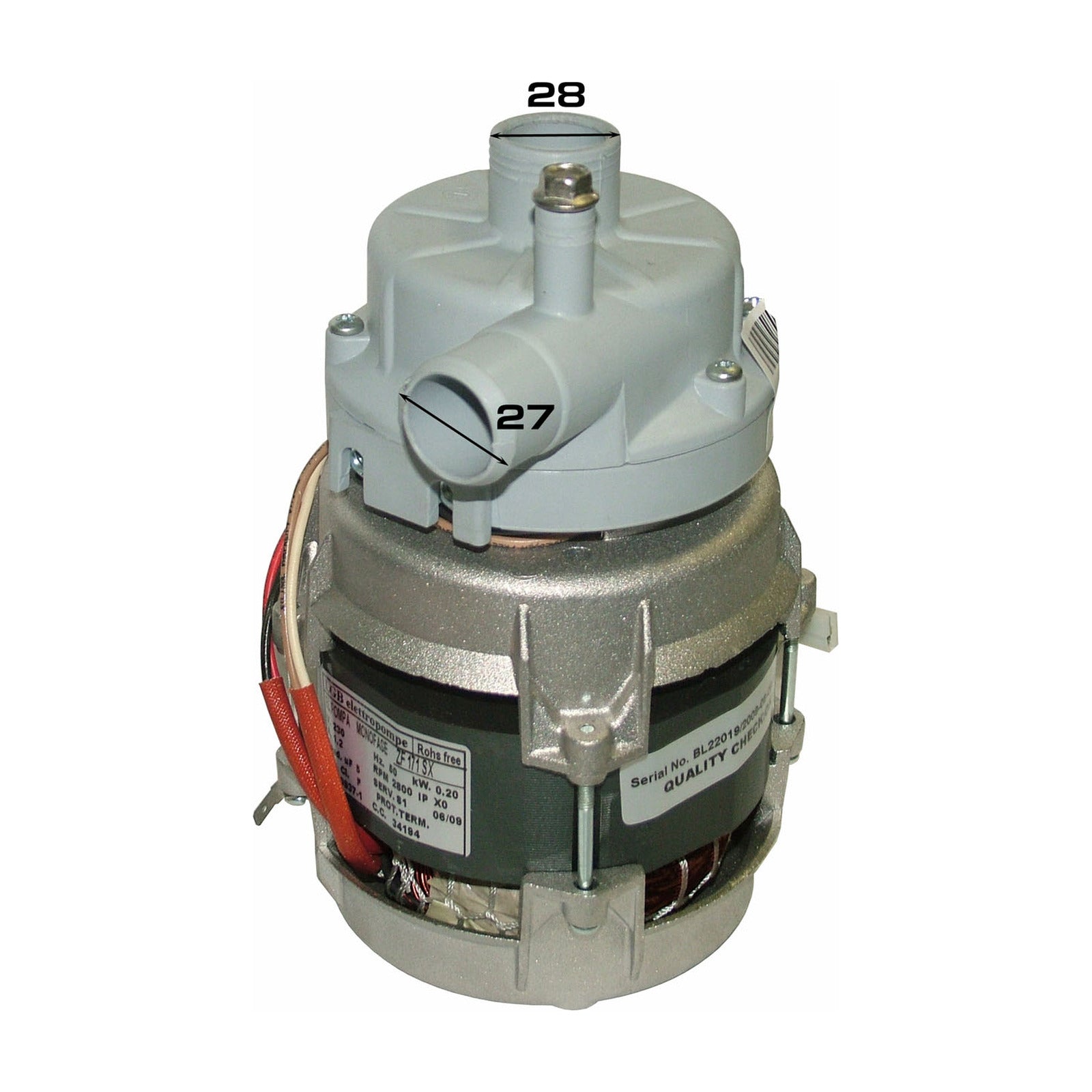 Elettropompa Lavaggio Ø Aspir.mm 28 Ø Mand.mm 28 Tipo ZF171SX Volt 230 Hz 50 HP 0.30 Cond. µ 5