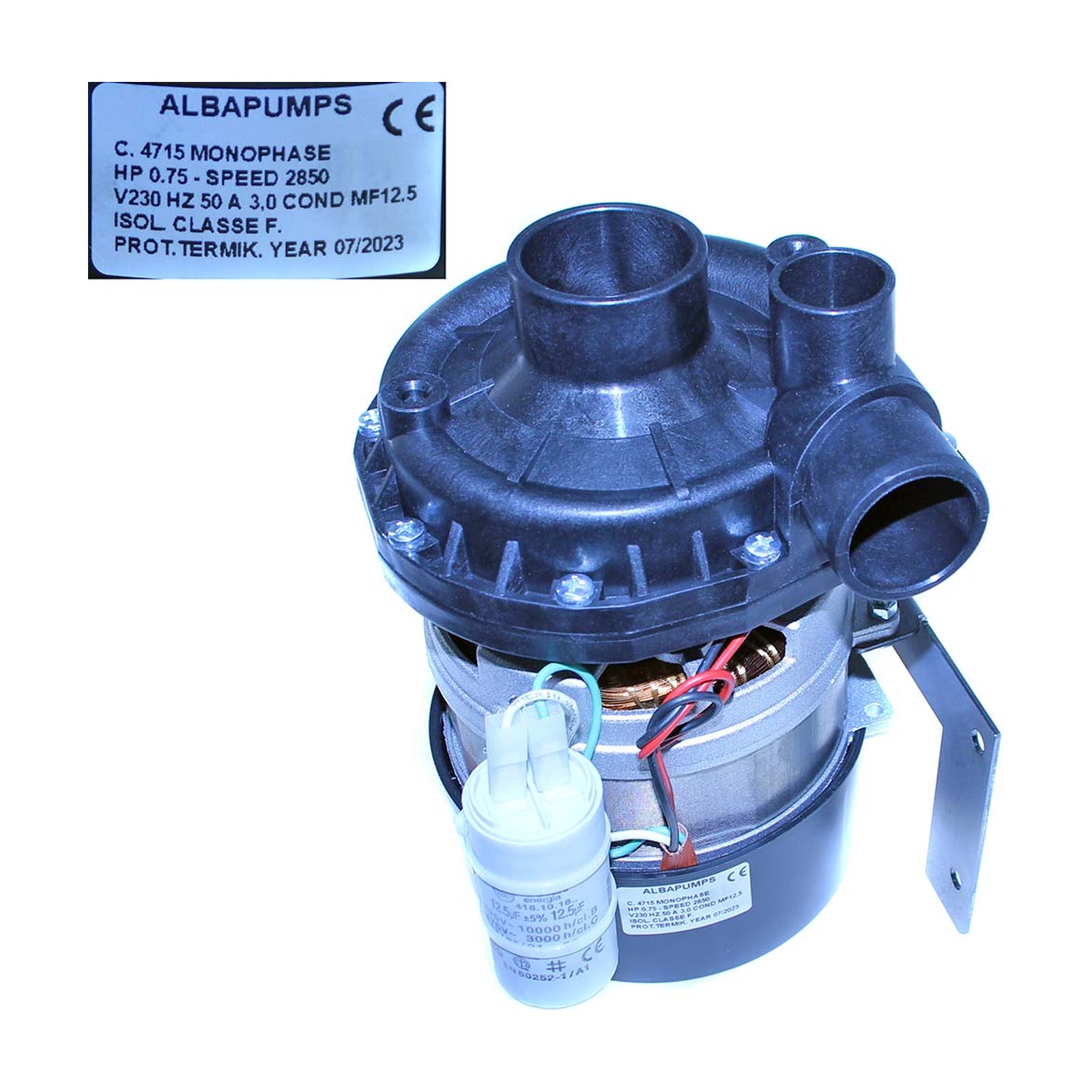 Elettropompa Lavaggio Ø Aspir.mm 50 Ø Mand.mm 40 Tipo AP4715 Volt 230 Hz 50 HP 0.75 Cond. µ 11