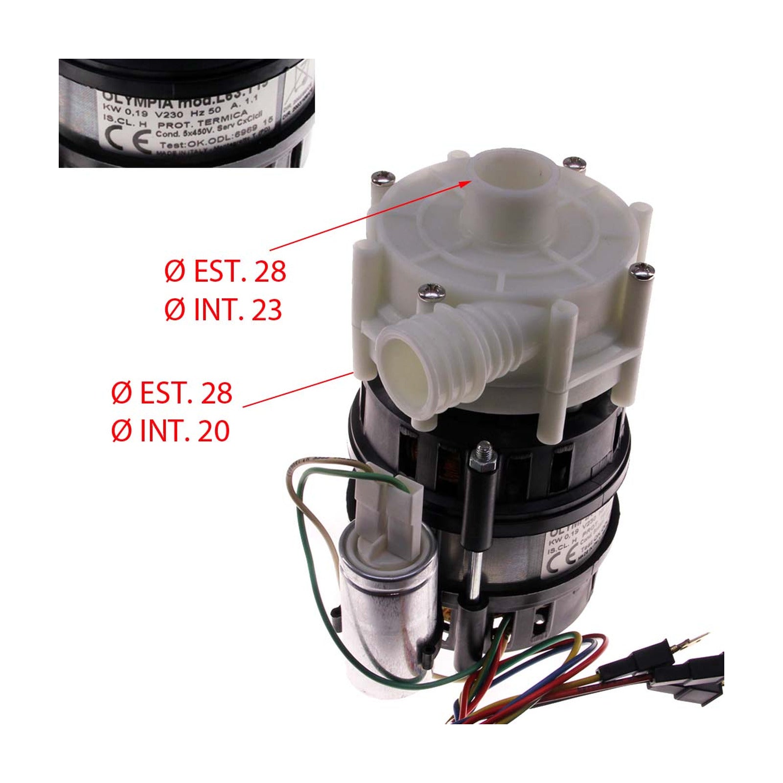 Elettropompa Lavaggio Ø Aspir.mm 28 Ø Mand.mm 28 Tipo OPT.19 Volt 230 KW 0.19 Hz 50 HP 0.25 Cond. µ 5