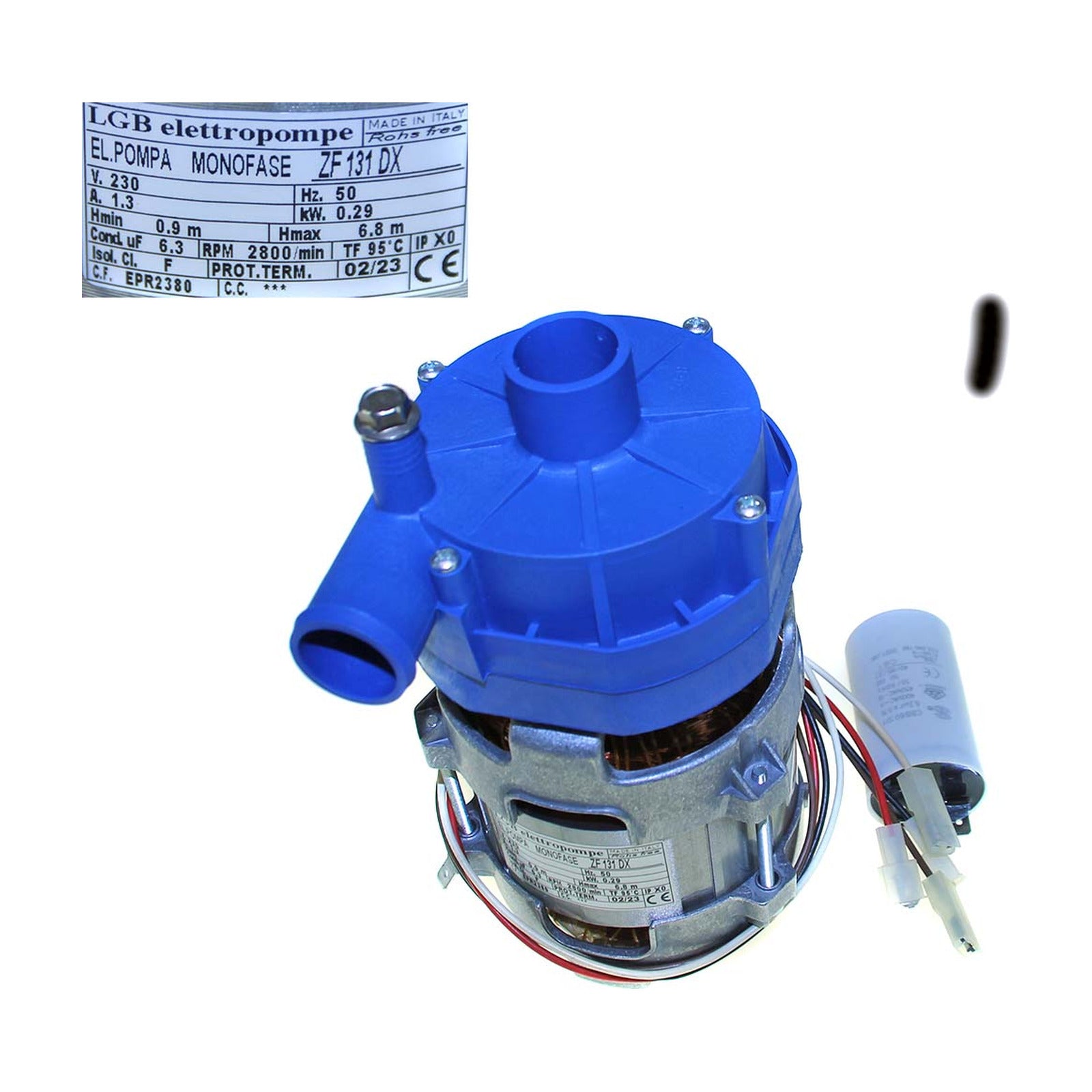 Elettropompa Risciacquo Ø Aspir.mm 28 Ø Mand.mm 28 Tipo ZF131DX Volt 230 KW 0.3 Hz 50 Cond. µ 6.3