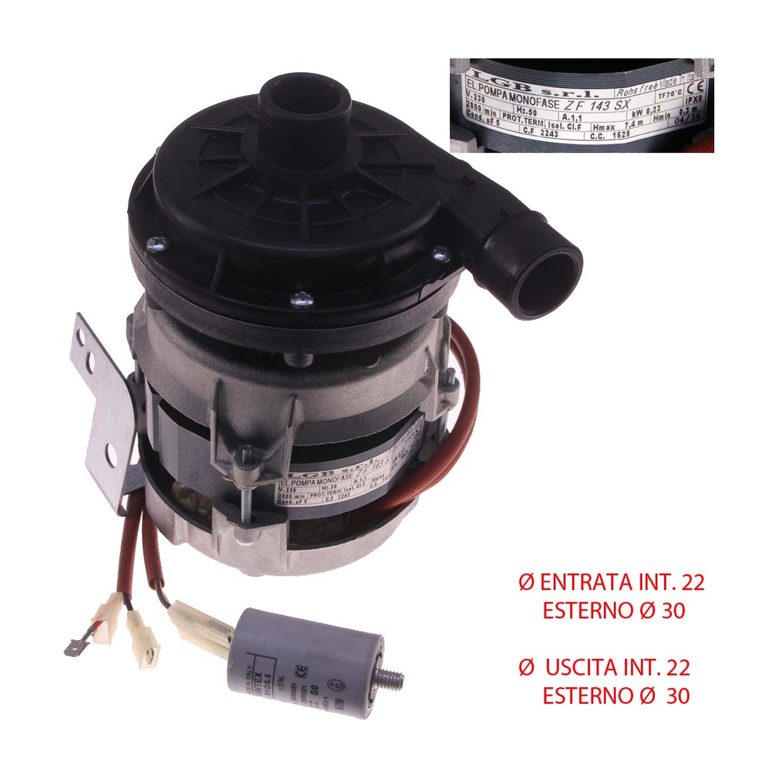 Elettropompa Lavaggio Ø Aspir.mm 30 Ø Mand.mm 30 Tipo ZF143SX Volt 230 KW 0.25 Hz 50 HP 0.33 Cond. µ 5