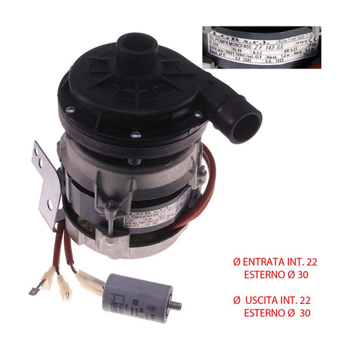Elettropompa Lavaggio Ø Aspir.mm 30 Ø Mand.mm 30 Tipo ZF143SX Volt 230 KW 0.25 Hz 50 HP 0.33 Cond. µ 5